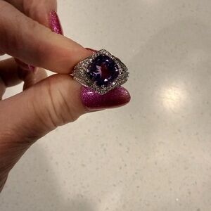 Amethyst and Diamond ring, 14k white gold over sterling silver band, size 7